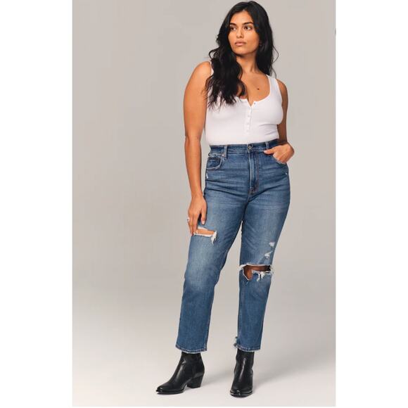 Abercrombie & Fitch Fitted Ultra High Rise Ankle Straight Distressed Denim Jeans - Picture 1 of 8